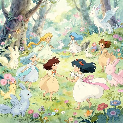 Anime-style illustration of five girls in white dresses, playing with white rabbits and birds in a sunlit, colorful forest meadow.