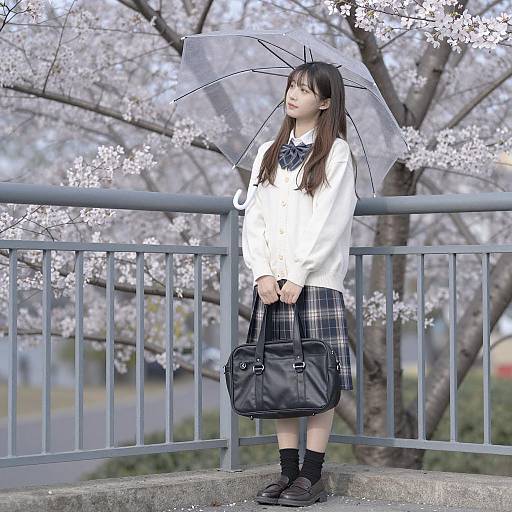 Girl in Cardigan Amidst Cherry Blossoms