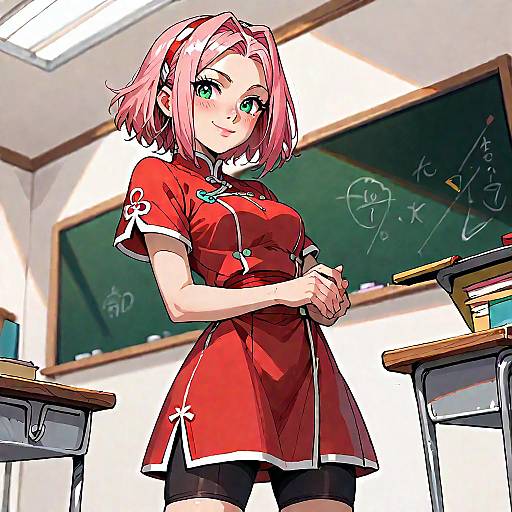 Anime Girl in Red Qipao Classroom
