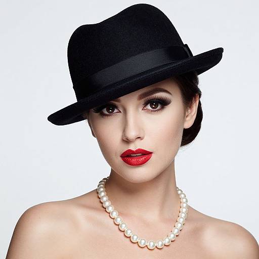 Photograph of a pale-skinned woman with red lipstick, black fedora, and pearl necklace, against a white background. Glamorous, vintage-inspired