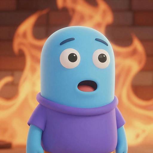 Glowing Blue Cartoon Surprised by Fire