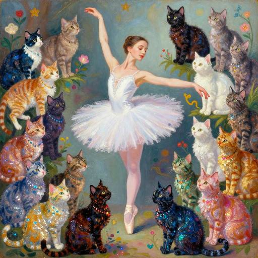 Psychedelic Ballerina with Shimmering Cats