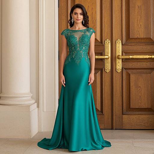 Photograph of a woman in a teal, floor-length evening gown with intricate lace bodice, standing before wooden double doors with gold handles.