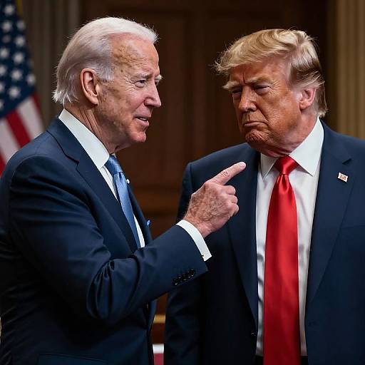 Photograph of elderly white man in blue suit pointing at younger white man with blond hair in red tie, both in formal attire, standing in front of