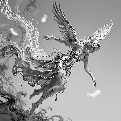 Monochrome digital artwork of an angelic woman with large wings, flowing dress, and ethereal lace, surrounded by glowing butterflies.
