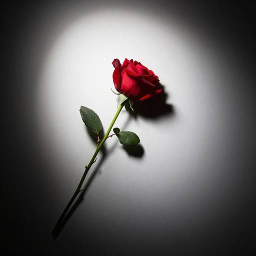 Photograph of a single red rose with green leaves, centered on a bright white light spot against a black background.