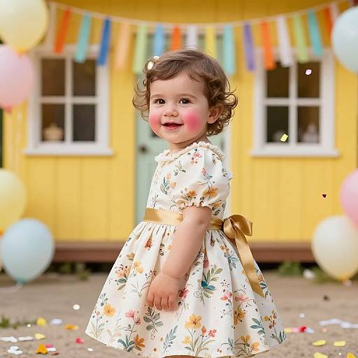 Photograph of a curly-haired toddler with rosy cheeks, wearing a white floral dress with a gold bow, standing outside a yellow house with colorful b