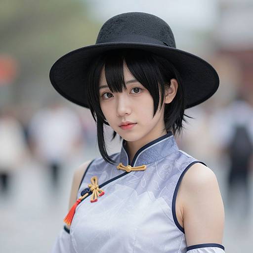 Photograph of an East Asian woman with short black hair, wearing a black wide-brim hat, light blue silk cheongsam with gold buttons,