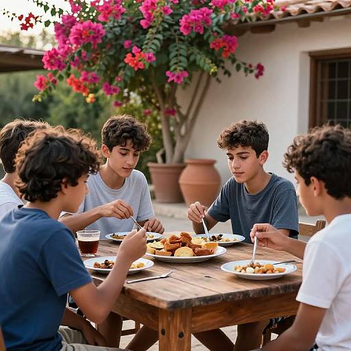 Photograph of five teenage boys with curly hair, wearing casual shirts, eating at a wooden table in a sunny patio with vibrant pink bougainvillea