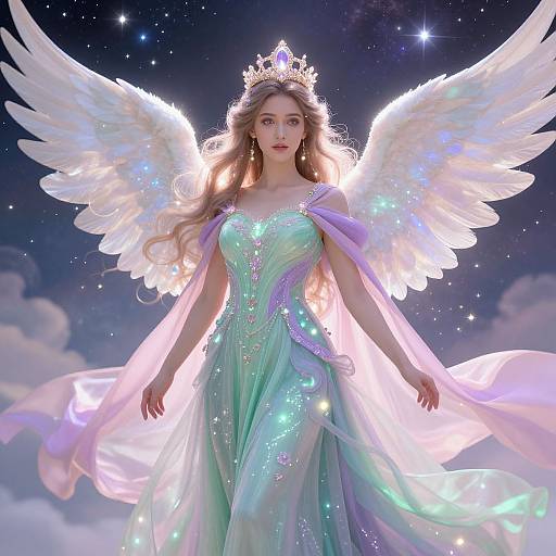Ethereal Female Angel with Glowing Crown and Wings