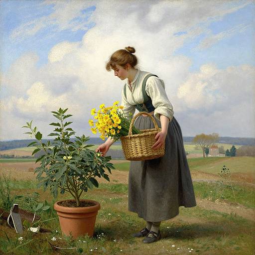 Photograph-style painting of a brown-haired woman in white blouse and gray dress, picking yellow flowers from a potted plant with a wicker basket,
