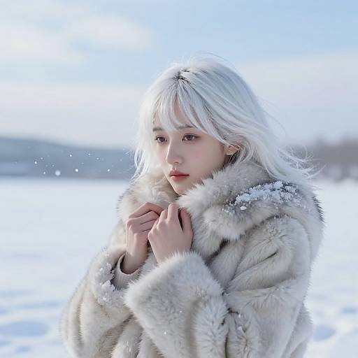Photograph of a pale-skinned, white-haired woman in a fluffy beige fur coat, standing in a snowy landscape, with a soft, ethereal