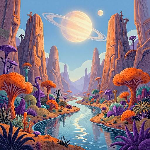 Vibrant digital illustration of a surreal landscape with towering orange-red mountains, glowing sun, ringed planet, winding river, and colorful alien flora.