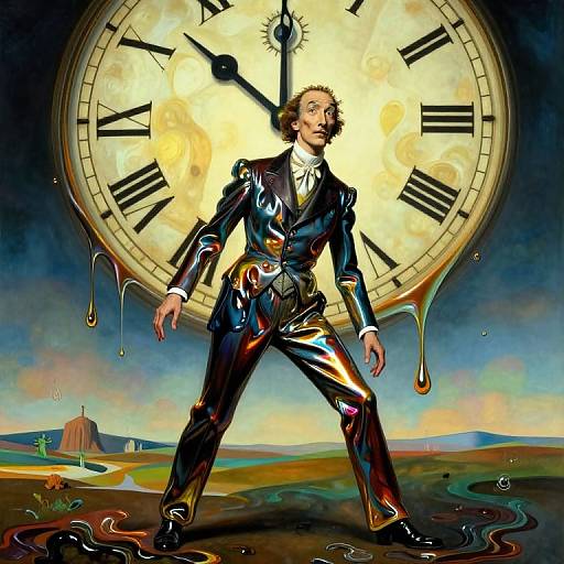 Digital artwork of a man in a glossy black suit, standing before a giant clock face, with clock hands pointed at 10:10. Clock hands