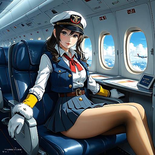 Digital anime-style drawing of a young female flight attendant with long brown hair, wearing a navy uniform, white gloves, and hat, seated in an airplane