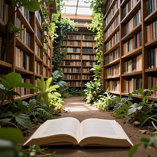 Photograph of a sunlit library aisle with open book in foreground, surrounded by lush green plants and tall wooden bookshelves.