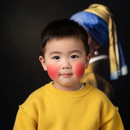 Photograph of an Asian toddler with rosy cheeks, wearing a yellow sweater, in front of a blurred, partially visible Vincent van Gogh painting.