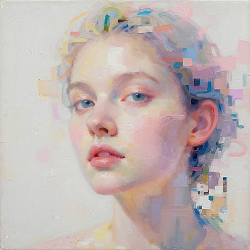 Digital painting of a young, fair-skinned woman with blue eyes, delicate features, and short, curly blonde hair, rendered in a pixelated,