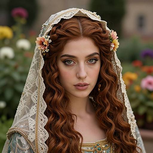 Photograph of a fair-skinned, green-eyed woman with wavy auburn hair, wearing a lace veil, floral headband, and orn