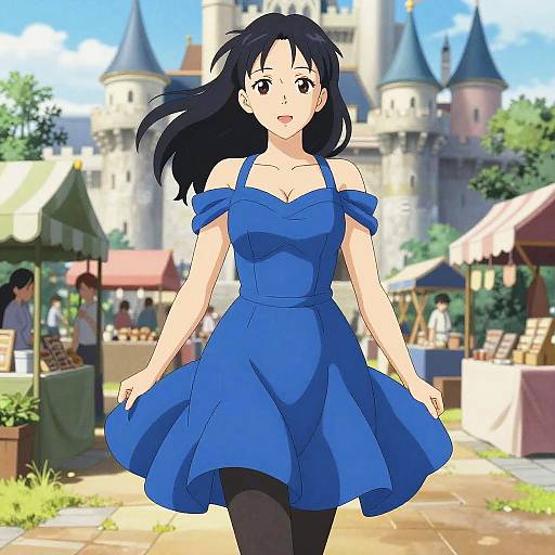 Anime Woman in Blue Dress at Castle Market
