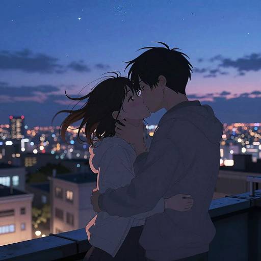 Anime-style digital drawing of a couple kissing on a rooftop at night, city lights in the background, blue twilight sky.