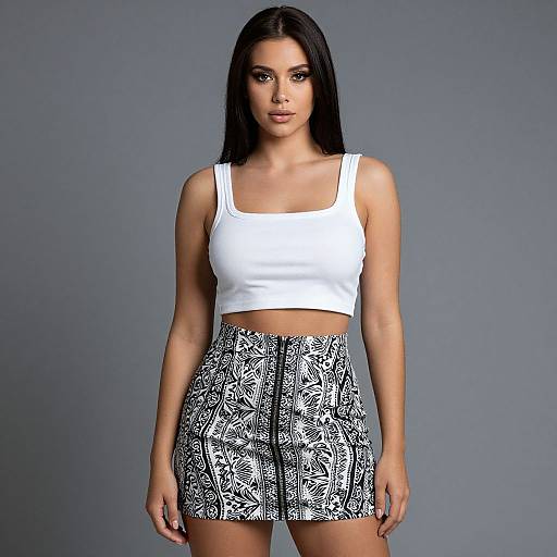 Photograph of a woman with long black hair, wearing a white crop top and high-waisted black and white patterned shorts, standing against a