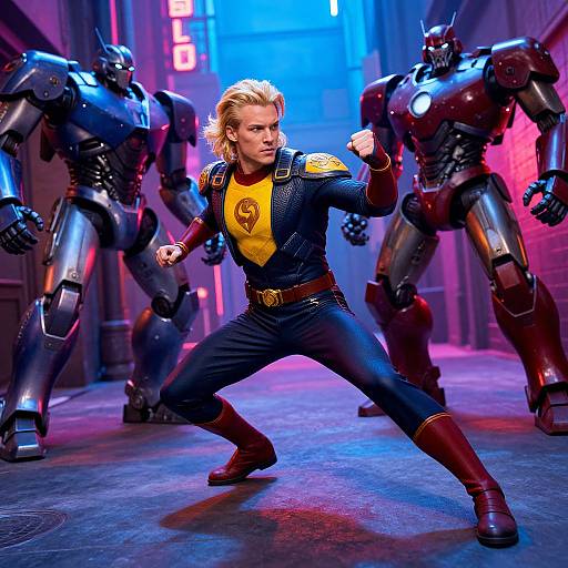 Photorealistic CGI of a blonde man in a blue and yellow superhero suit, fighting stance, flanked by two robotic soldiers in a neon-lit