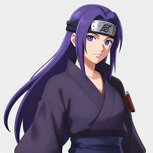 Anime-style digital drawing of a serious, purple-haired ninja with long hair, wearing a black kimono and silver forehead protector. White background.