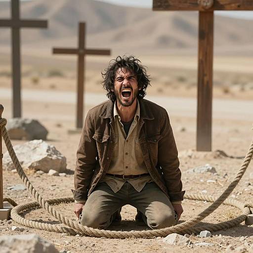 Man Screaming Kneeling in Desert with Crosses