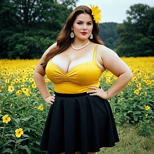Plus Size Woman in Yellow Dress with Flower in Hair