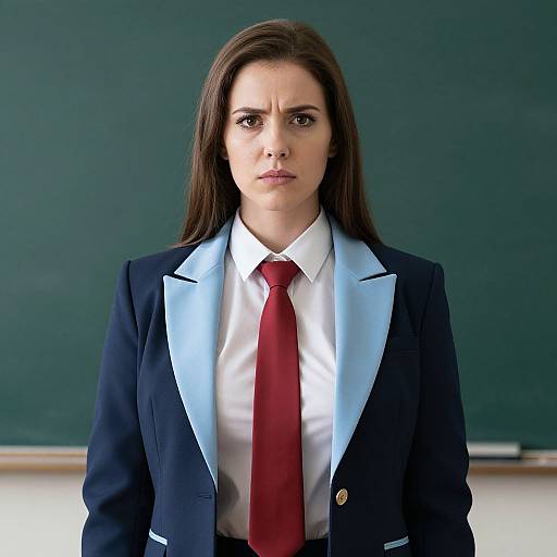 Photograph of a serious-looking young woman with long brown hair, wearing a navy blazer with white lapels, white shirt, and red tie,