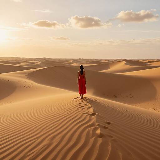 Photograph of a lone woman in a red dress standing on rippled desert sand dunes at sunset, with a golden sky and scattered clouds in the