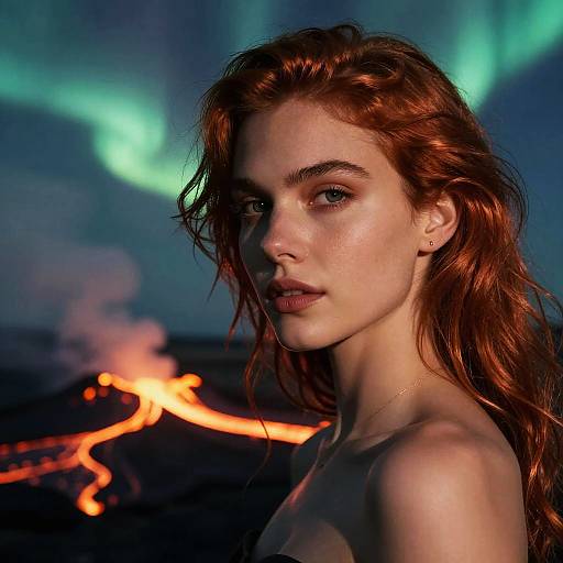 Redheaded Woman with Northern Lights and Volcanic Lava
