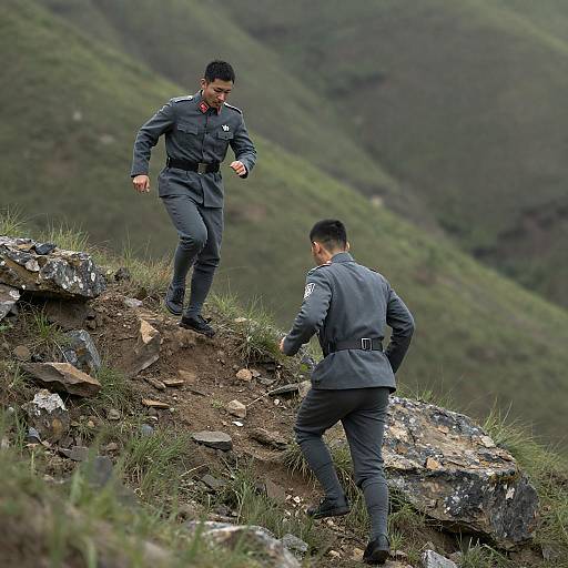 Two Soldiers Charging Up Rocky Hill