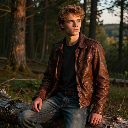 Photograph of a young man with curly blonde hair, wearing a brown leather jacket and blue jeans, sitting on a fallen log in a sunlit forest