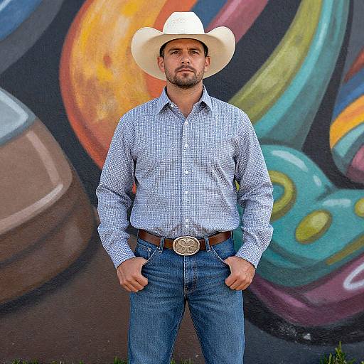 Photograph of a muscular, bearded man with light skin wearing a white cowboy hat, blue checkered shirt, and blue jeans, standing in front