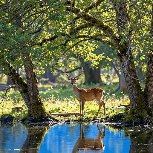 Photograph of a majestic deer with large antlers standing in a sunlit, forested clearing beside a reflective, blue water stream.