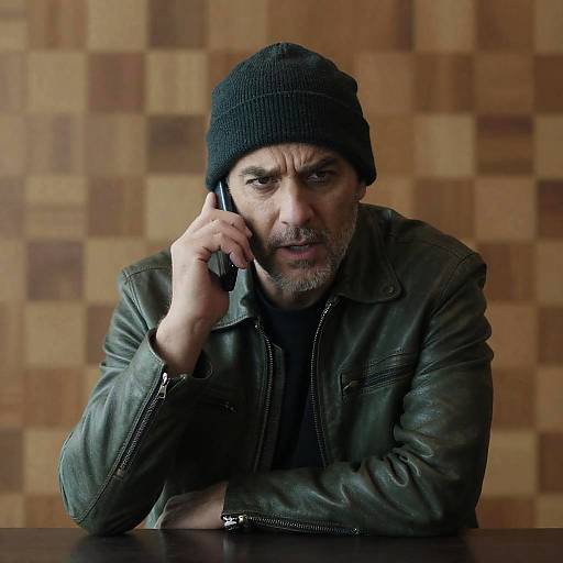 Focused Man in Green Leather Jacket