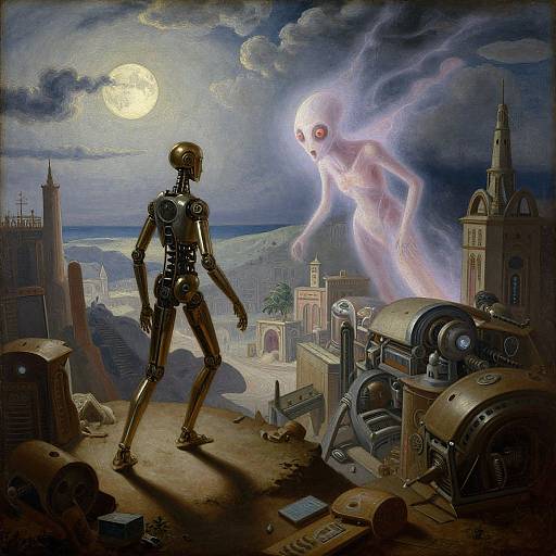 Digital painting: A metallic robot stands on a rooftop, facing a ghostly, ethereal figure with glowing eyes under a full moon, surrounded by ste