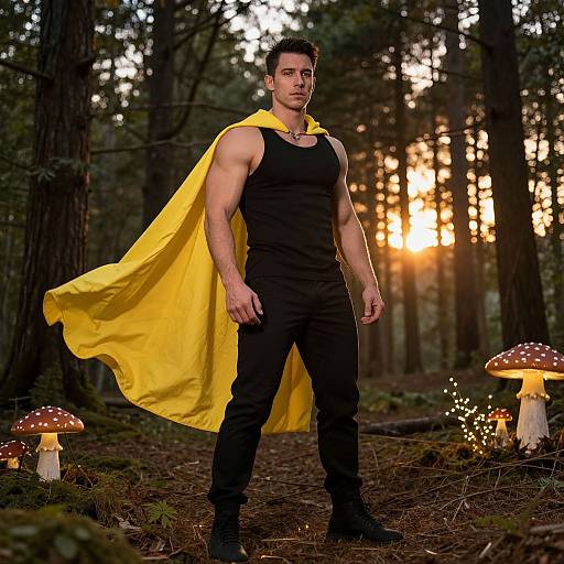Photograph of a muscular man in a black tank top, black pants, and a yellow cape, standing in a forest with glowing mushrooms at sunset.