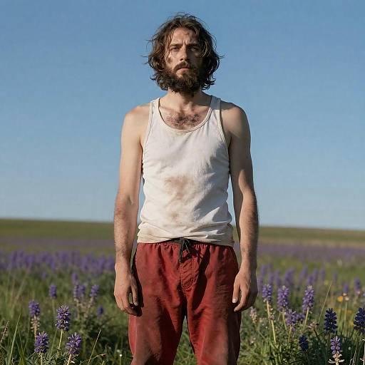 Tired Bearded Man in a Flower Field