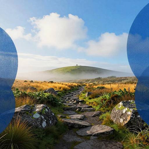 Rocky Path in Foggy Moorlands at Dawn