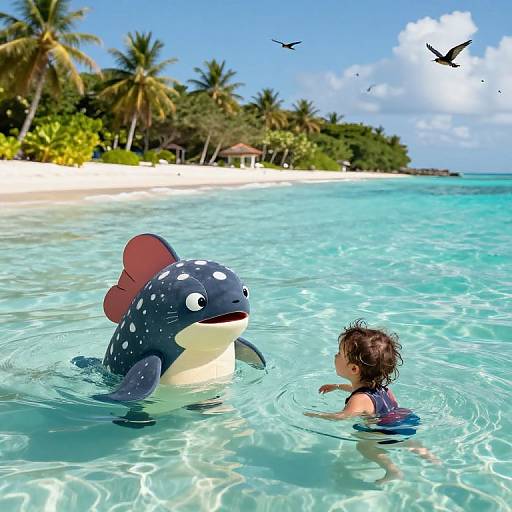 Photograph of a curly-haired child in a blue swimsuit floating in clear turquoise water beside a playful inflatable orca, tropical beach, palm trees,