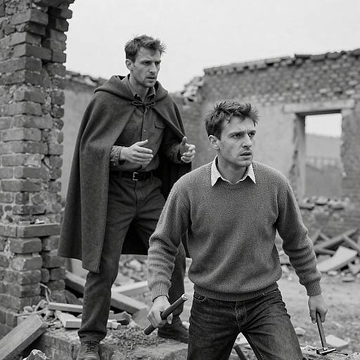 Black-and-White Ruins: Tense Confrontation Scene