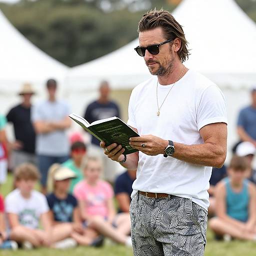 Photograph of a bearded man with sunglasses, wearing a white t-shirt and patterned shorts, intently reading a book outdoors. Blurred background