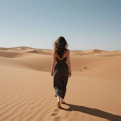 Photograph of a woman with long brown hair walking barefoot through a sunlit, rippled desert, wearing a flowing dark dress.