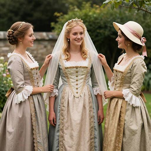 Women in Period Dresses with Veil and Crown