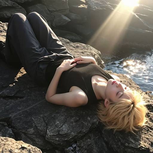Photograph of a blonde woman with fair skin, wearing a black tank top and black pants, lying on dark rocky shore, sun rays illuminating her