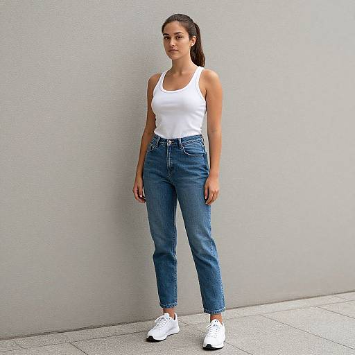 Photograph of a young woman with light skin, dark hair in a ponytail, wearing a white tank top, high-waisted blue jeans,
