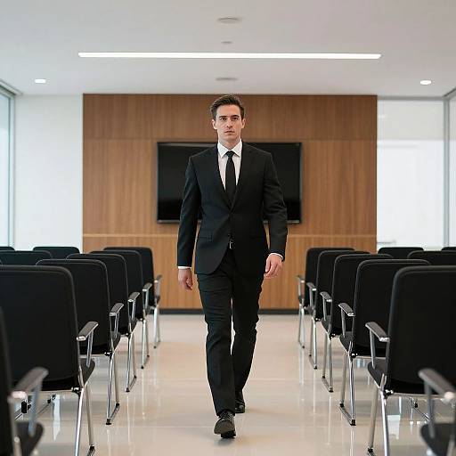 Photograph of a handsome man in a black suit, white shirt, and black tie walking down a bright, empty conference room with black chairs on both